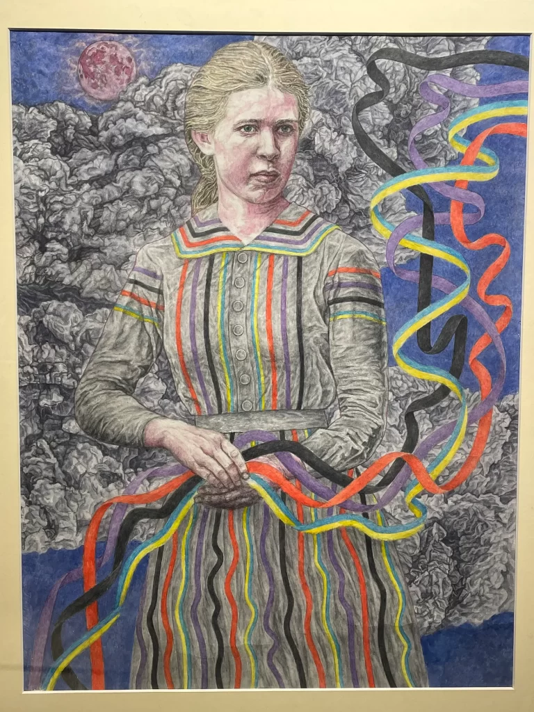 Lesya Ukraïnka, portrait by the anarchist artist David Chichkan, on display at the Dnipro Center for Contemporary Culture. David was wounded in action on 9 August while repelling a Russian attack in the Zaporizhzhia region and died from his wounds the following day. Lesya, a very important Ukrainian writer, made a theme of her illness and limitations.